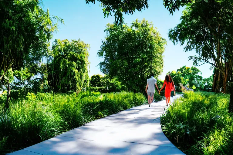 Prompt: a cinematic wideangle photograph of a man and woman walking through a walkway, green plants, blue sky, beautiful lighting, ultra realistic