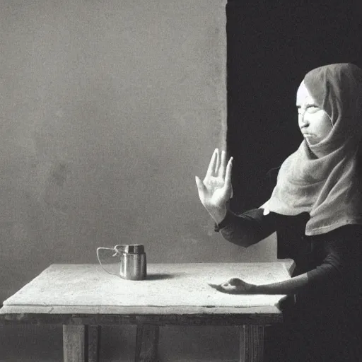 Image similar to a woman sitting a table, holding her palms up, one full of thunder and one full of lightning