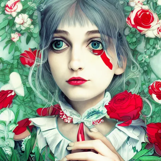 Image similar to Alice in Wonderland at the tea party, she looks like a mix of grimes, Aurora Aksnes and zoë Kravitz, sweet and innocent, surrounded by red and white roses, digital illustration, inspired by Aeon Flux, Japanese shoujo manga, and Alexander McQueen fashion, hyper detailed, dreamlike, incredibly ethereal, super photorealistic, iridescent colors, Tyndall effect, extremely fine inking lines