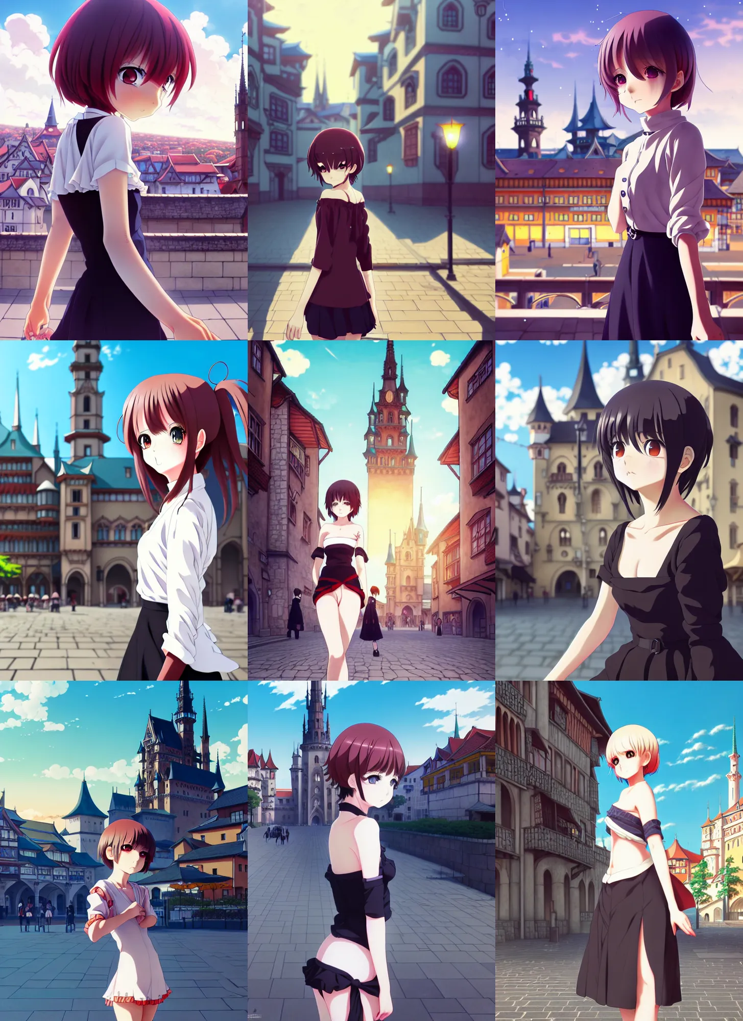 Prompt: anime frames, anime visual, full body portrait of a young woman in the medieval city square looking at the fantasy palace in the distance, cute face by ilya kuvshinov, masakazu katsura, dynamic pose, dynamic perspective, rounded eyes, moody, kyoani, yoh yoshinari