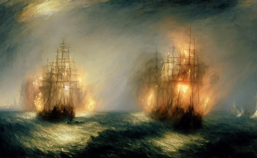 Prompt: epic naval battle, pirate galleons. by artstation trending, by joseph mallord william turner, luis royo, konstantin razumov, cinematic lighting, fractal flame, highly detailed