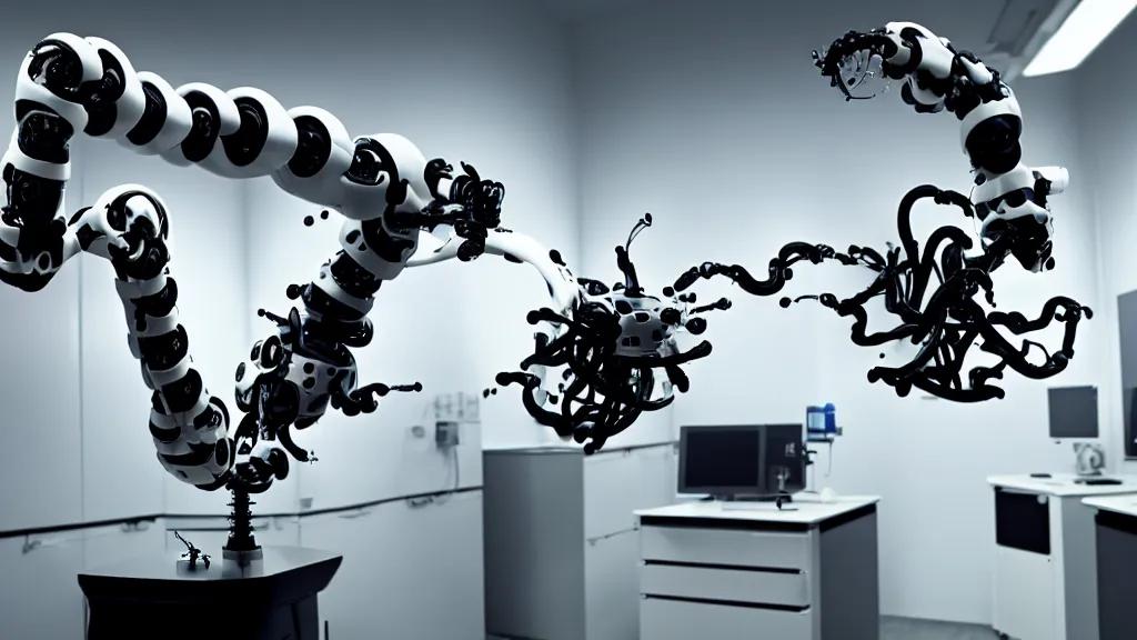 Image similar to a complex bifurcated robotic cnc surgical arm hybrid mri 3 d printer machine making swirling black and white ceramic mandlebulb mutant forms in the laboratory inspection room, film still from the movie directed by denis villeneuve with art direction by salvador dali, wide lens, f 3 2, cinematic lighting, studio quality, smooth render, unreal engine 5 rendered, octane rendered