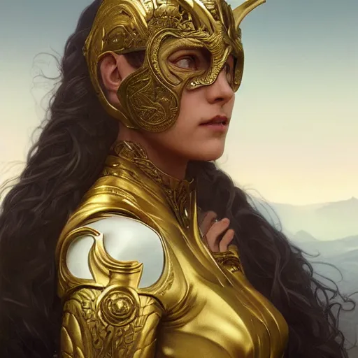 Prompt: portrait of a norse moon goddess, with golden half - mask, intricate, elegant, highly detailed, digital painting, artstation, concept art, smooth, sharp focus, illustration, art by artgerm and greg rutkowski and alphonse mucha and william - adolphe bouguereau