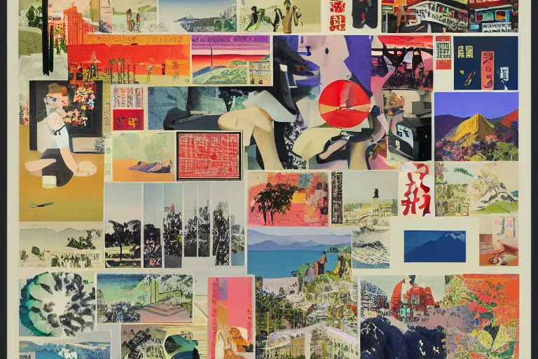 Prompt: award winning graphic design poster, photocollage art depicting a variety of japan travel, beauty, tastes, crafts and more, photocollage painting by National Geographic, Hannah Hoch and David Hockney