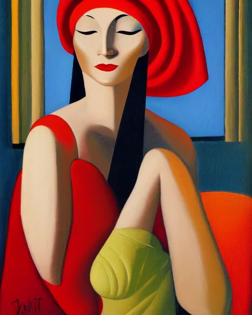 Image similar to a painting of a woman wearing a red veil, an art deco painting by archibald motley, deviantart, figurative art, art deco, oil on canvas, detailed painting