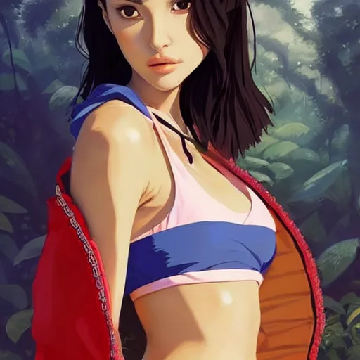 Image similar to a beautiful young japanese natalie portman alluring gravure model, stylized concept art, wearing elegant designer bomber jacket and one piece bikini, bomber jacket with mesoamerican patterns, mesoamerican native street fashion, princess mononoke, painted by ilya kuvshinov aesthetic, gorgeous, stunning, alluring, attractive, artstation, pinterest, digital art