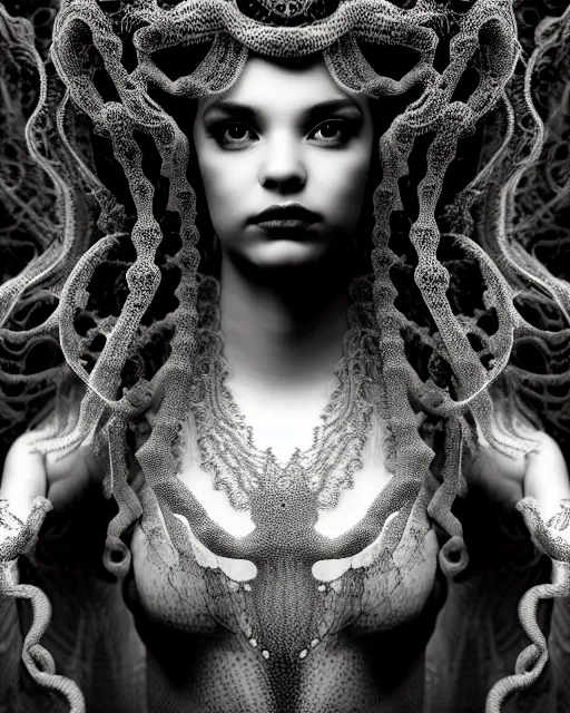 Image similar to surreal mythical dreamy artistic black and white fine art photo of a beautiful young female queen - medusa - cyborg covered with lace fish scales and translucent algae, highly detailed, intricate crystal ivy lace jelly fish scales ornate, poetic, octane render, 8 k, photo - realistic