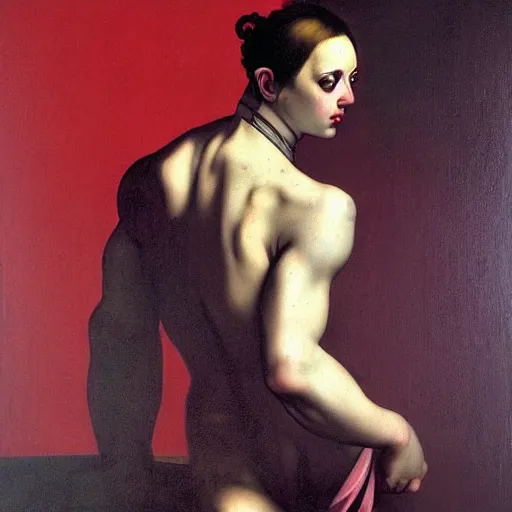 Image similar to painting by caravaggio!! male cyborg body profile cyberpunk neon metal glow red purple black