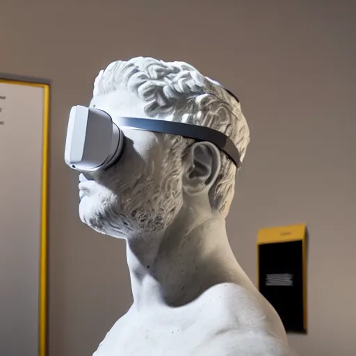 Prompt: a greek white marble statue wearing a vr headset displayed in a museum