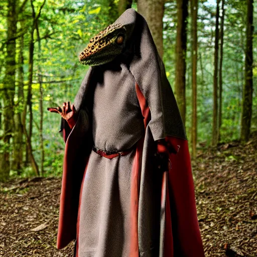 Image similar to medieval cloak wearing anthro lizard, photograph captured in the woods