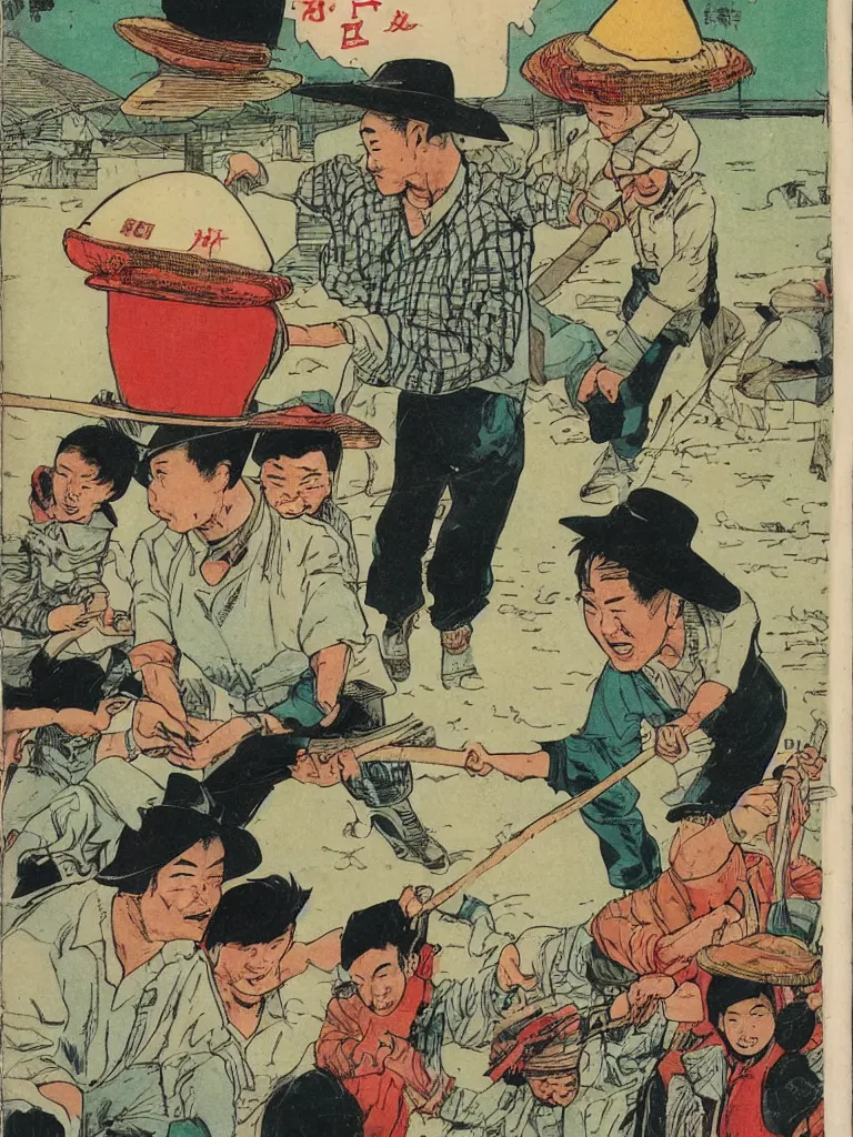 Prompt: comic book page of a chinese farmer with a rice hat, marvel