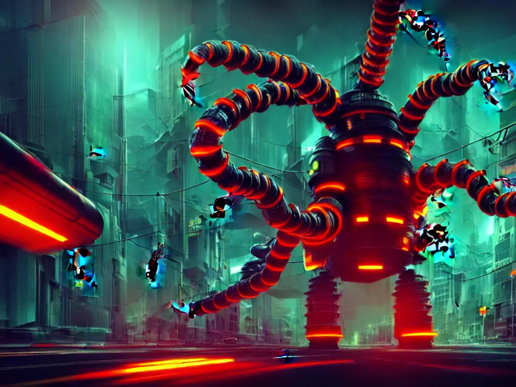 Image similar to A frightening gigantic evil robot scorpion in a futuristic city with pipes and tubes and wires, hyperealistic very colourful hdr cinematic lighting cgi render photorealistic cinematic octane render