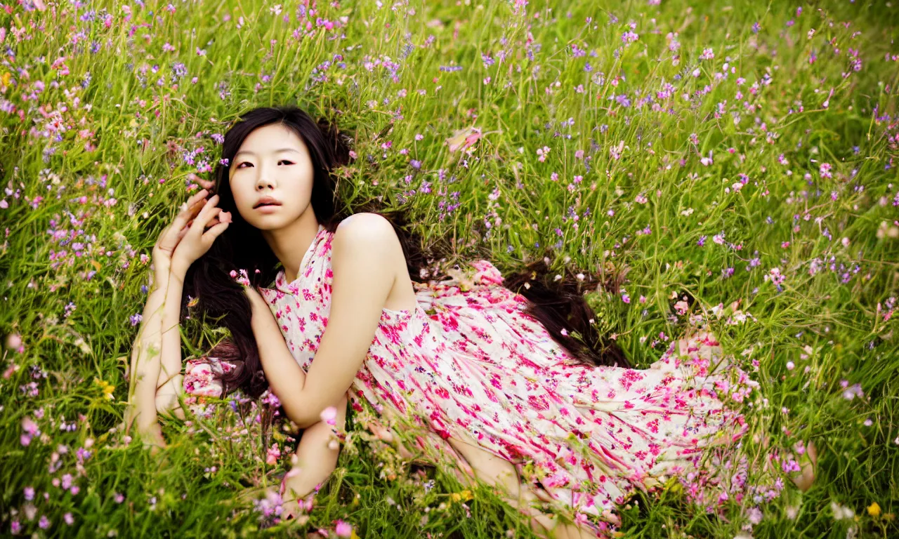 Image similar to a beautiful young Asian woman lying in a field of wildflowers, wearing a sun dress, portrait, dreamy, cinematic, depth of field, glow