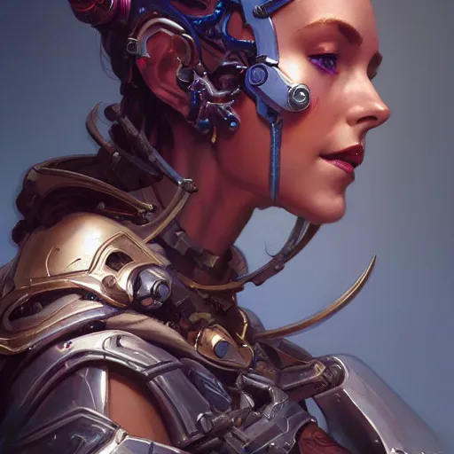 Prompt: side view of a cyborg woman, D&D, fantasy, intricate, elegant, highly detailed, digital painting, artstation, concept art, matte, sharp focus, illustration, hearthstone, art by Artgerm and Greg Rutkowski and Alphonse Mucha