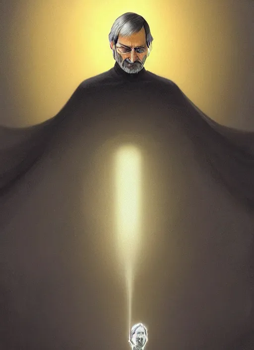 Image similar to portrait of steve jobs, white glowing eyes, silver shaggy hair, cloak, male, fantasy, extremely detailed, digital painting, artstation, concept art, sharp focus, illustration, stunning lighting, artgerm, alphonse mucha, simon stalenhag, light atmosphere, golden ratio, cinematic lighting, hyperdetailed, marc simonetti, greg rutkowski, 8 k