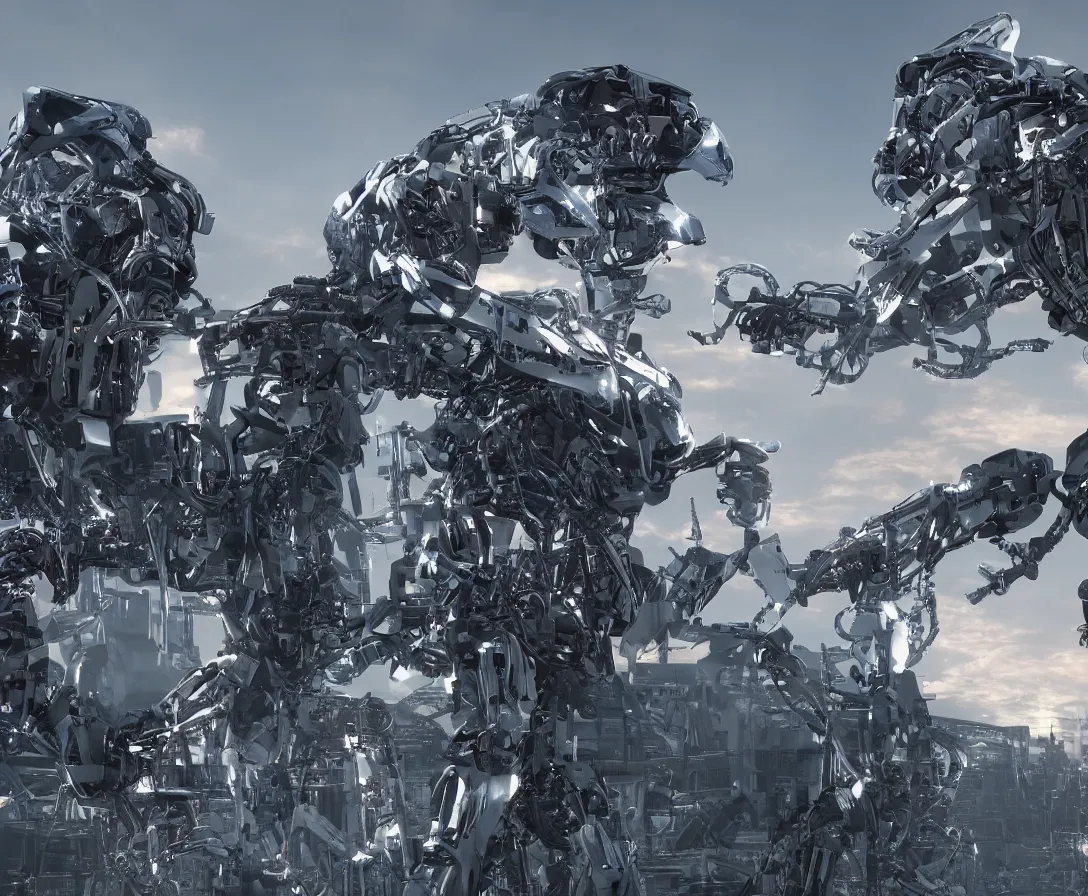 Prompt: terminator robots of last generation made by skynet looking at enormous supercomputer ai complex, dark blue sky, sunset, first stars are starting to shine, cgi, unreal engine, photorealistic