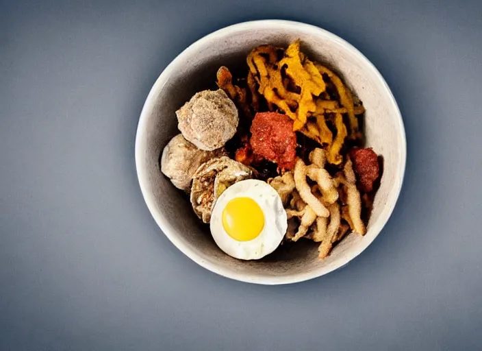 Prompt: top angled view of a bowl filled with bizarre greasy food by a laptop, poor lighting, photorealistic, dark, junk on desk, amateur photo, slightly out of focus