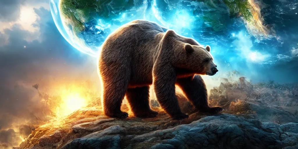 Image similar to Earth being destroyed by a planet sized bear, realistic 4k octane beautifully detailed render, 4k post-processing, highly detailed, intricate complexity, epic composition, magical atmosphere, cinematic lighting, masterpiece, ultra hd