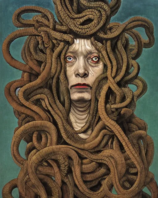 Image similar to portrait of Medusa from Greek mythology, as an old mean woman, with snakes for hair, Francisco Goya painting, part by Beksiński and EdvardMunch, part by Takato Yamamoto and Peter Mohrbacher, Francis Bacon masterpiece