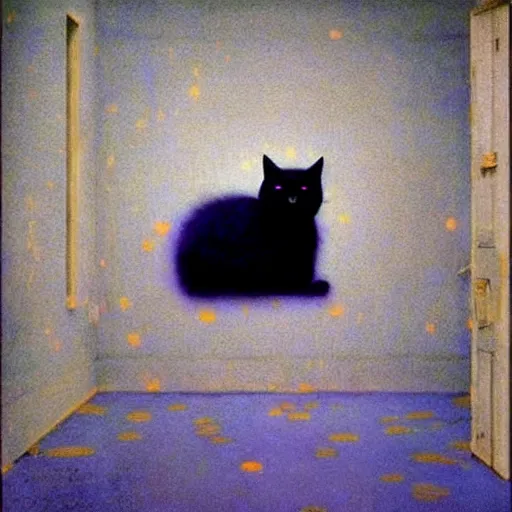 Image similar to a black cat in a blue and gold haunted liminal abandoned room, film still by gottfried helnwein, by klimt, art noveau, highly detailed, strong lights, liminal, eerie, bright pastel colors,