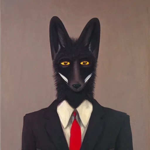 Image similar to portrait of a male anthro anthropomorphic black fox furry fursona with hands on eyes, wearing a suit, 1 9 7 0 s oil on canvas painting, by famous artist jylon denja