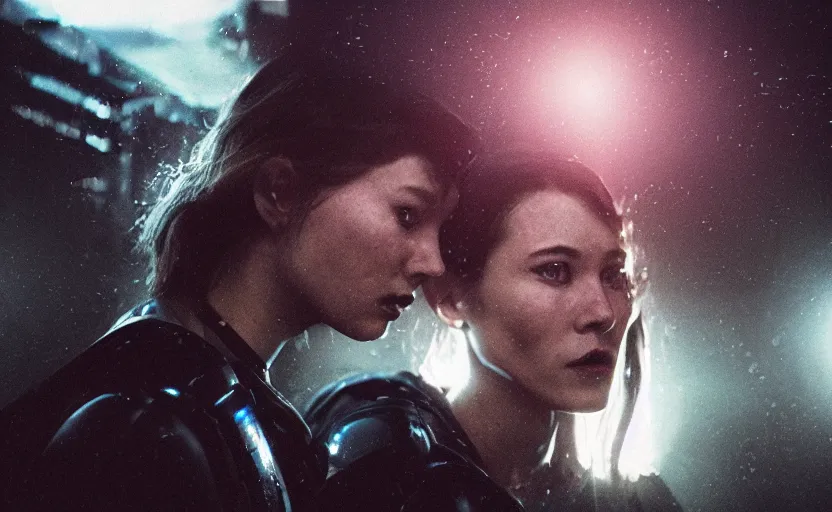 Image similar to cinestill 5 0 d candid photographic portrait by steven spielberg of two loving female androids sobbing wearing rugged black mesh techwear in treacherous waters, flooded city, medium closeup, retrofuturism cyberpunk moody emotional cinematic, pouring iridescent rain bright spotlight helicopter, 8 k, hd, high resolution, 3 5 mm, f / 3 2, ultra realistic faces, ex machina