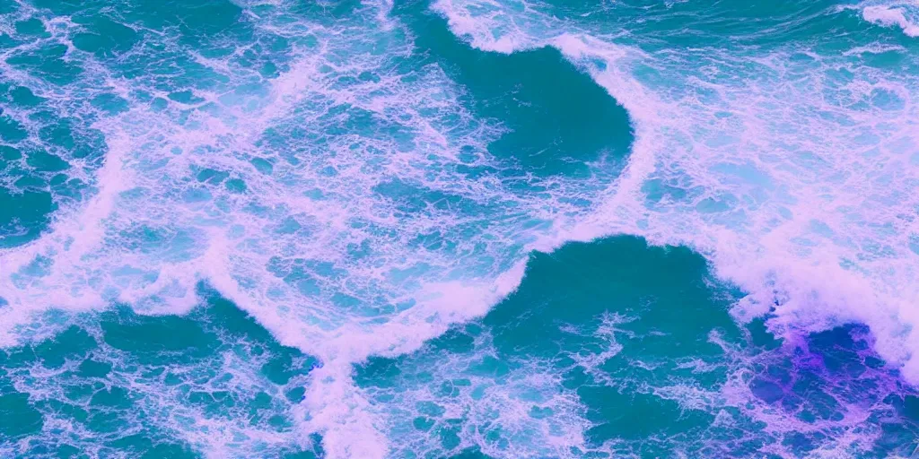 Image similar to blue purple and pink colored ocean waves rolling into the beach that look like the great wave off Kanagawa, high resolution, 8k