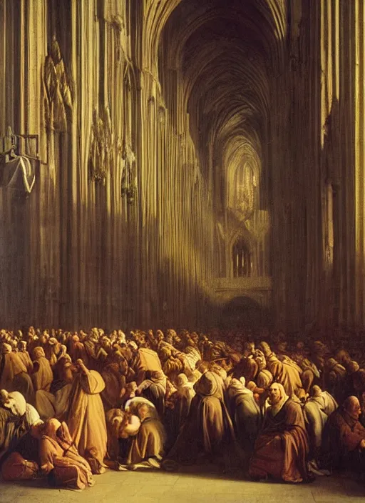 Image similar to elisabeth louise vigee - le brun painting of large crowd of medieval monks in giant in a gothic cathedral interior raising new magical glowing spirit, at dusk sun lit light, old master painting with stunning lighting and details photoreal dusk sun lit light,