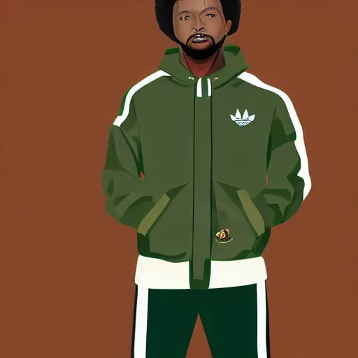 Prompt: vector art of a black man with afro hair and raspy bear stubble, wearing an army green adidas jacket, high quality, minimalist