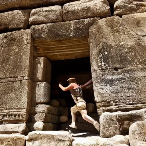 Prompt: Indiana Jones running from boulder trap in ancient temple