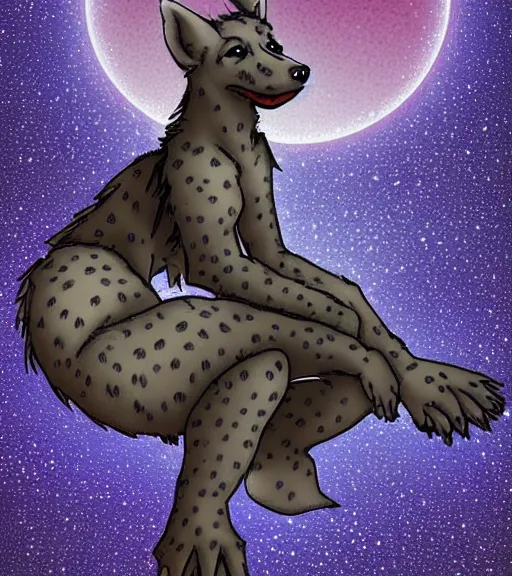 Image similar to full body digital artwork of anthromorphic female hyena, fursona, furry, furaffinity, deviantart, wearing space outfit, floating in space