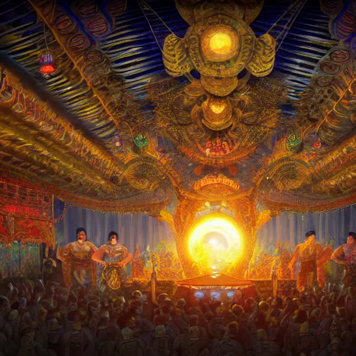 Image similar to beautiful painting of an arcane solar drone ceremony in a balinese mechanical palace in the style of Prateep Kochabua, Leonora Karrington, Welder Wings, Hervé Scott Flament, high-quality digital art, detailed, trending on Artstation