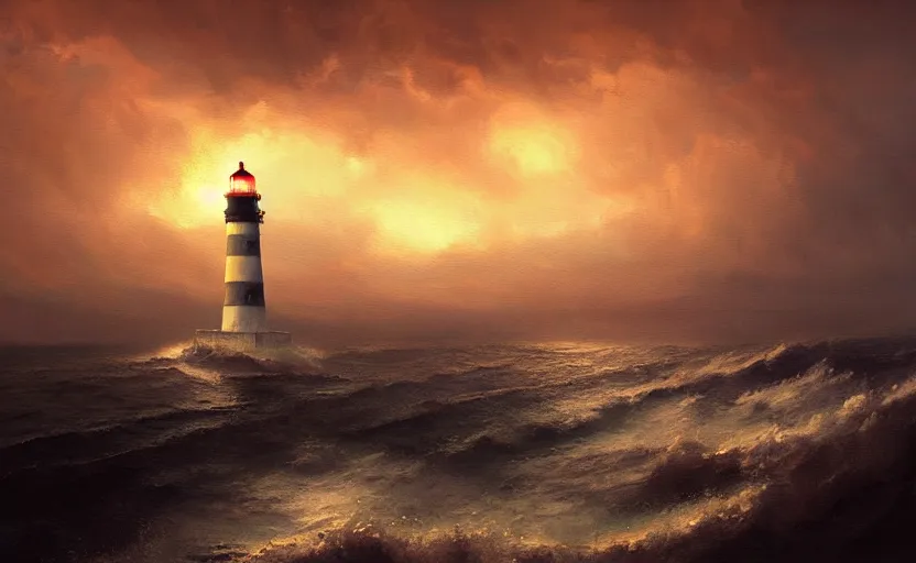 Image similar to painting of a lighthouse at sunset in a storm, natural light, concept art, by greg rutkowski, cozy atmospheric and cinematic lighting