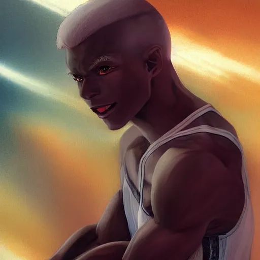 Image similar to beautiful aesthetic portrait commission of an albino male furry anthro sprinter athlete running 100m on athletic track , hyperdetailed, dark atmosphere. Character design by charlie bowater, ross tran, artgerm, and makoto shinkai, detailed, inked, western comic book art, 2022 award winning painting