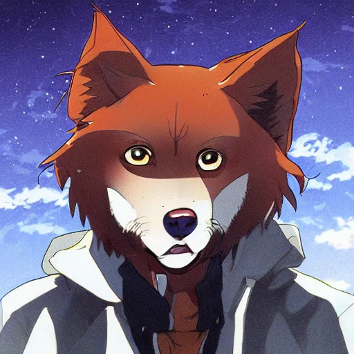 Image similar to key anime visual portrait of an anthropomorphic anthro wolf fursona, in a jacket, with handsome eyes, official modern anime art