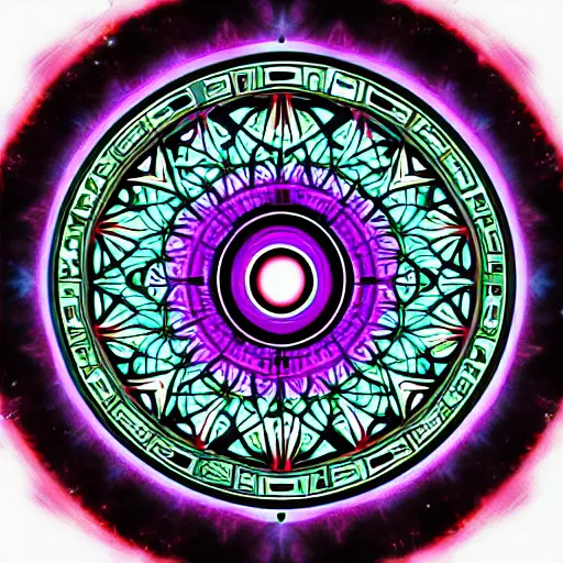 Image similar to cyberpunk neon colored blackhole mandala eye art, galaxy lineart, symetrical mandala art