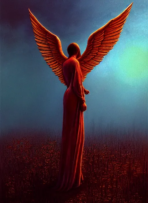 Image similar to beautiful angel with fully spread wings floating in the air surveying parched and burned forest, highly intricate wings!, cinematic lighting, art by zdislav beksinski!!, hdr!, rendered in unreal 5,