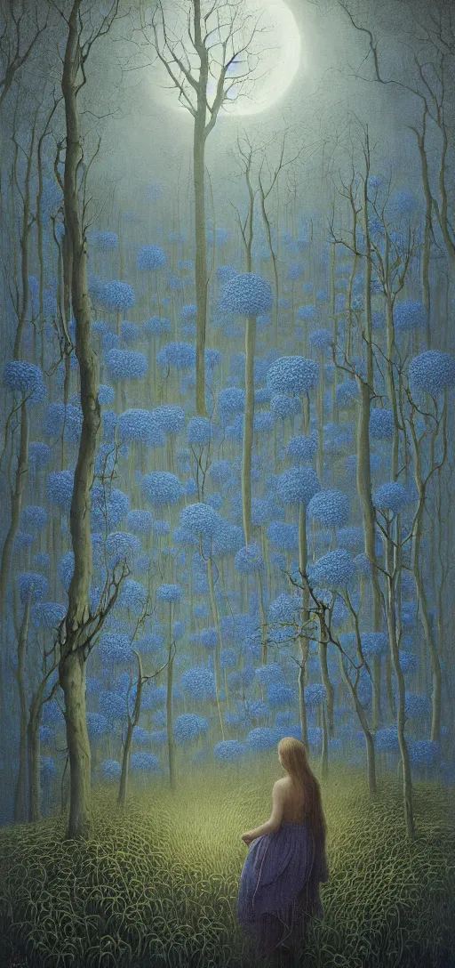 Image similar to painterly dreamy Kupala Night in the blue forest with trees which have eyes, giant flowers, glowing owls, deers, women, lianas, thistles, giant fantasy creatures, a stream and sky with moon and stars by Beksinski, Alex Grey, Aron Wiesenfeld and Giger dark fantasy, witcher, very detailed oil painting in the alla prima style, masterpiece, 8k