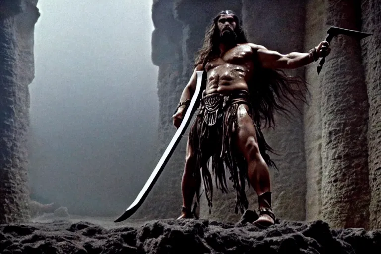 Image similar to film still from conan the barbarian, jason momoa as conan holding a giant sword with both hands above his head, in the catacombs of evil, fantasy armor, volumetric lighting, mist, wet skin and windblown hair, muscular!!!, heroic masculine pose, ridley scott