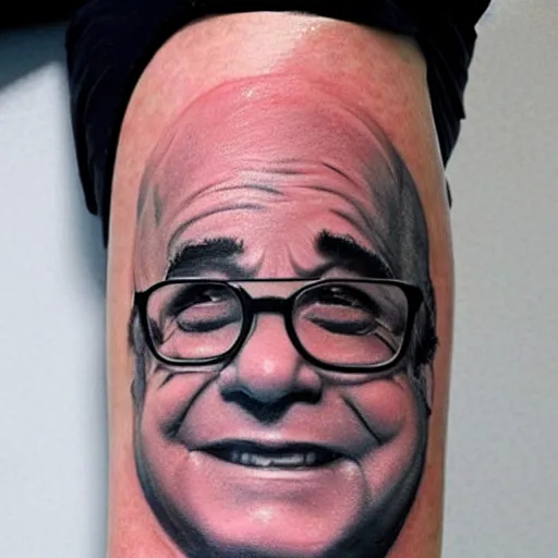 Prompt: tattoo of danny devito on leg