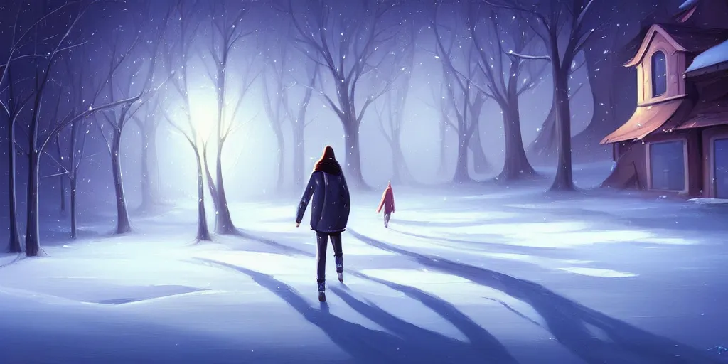 Image similar to a painting of a person walking in the snow, concept art by cyril rolando, featured on deviantart, metaphysical painting, anamorphic lens flare, 2 d game art, concept art