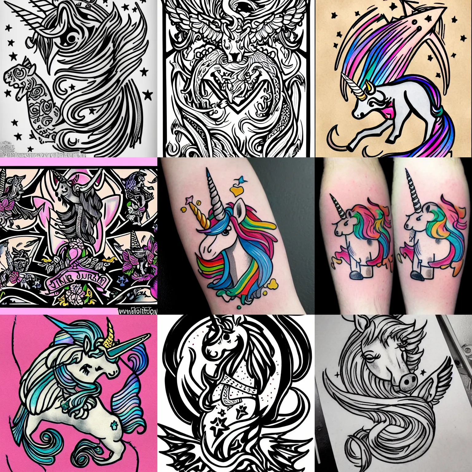 Prompt: unicorn tattoo, sailor jerry tattoo flash