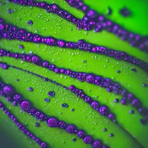 Image similar to closeup shot of alien jungle fruit covered in dew drops, looming milky purple mist in the background, tilt shift, low angle