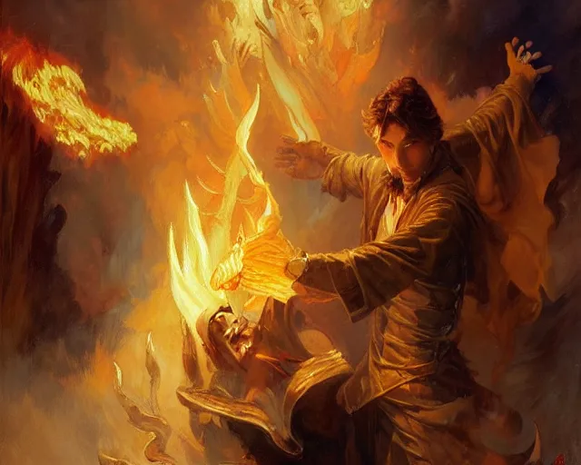 Image similar to attractive male wizard casting powerful fire spell. highly detailed painting by gaston bussiere, craig mullins, j. c. leyendecker 8 k