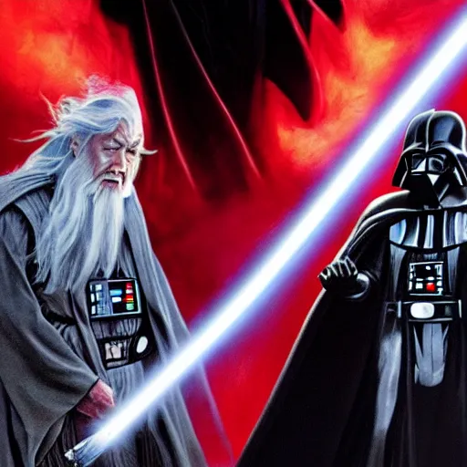 Prompt: gandalf fighting darth vader,