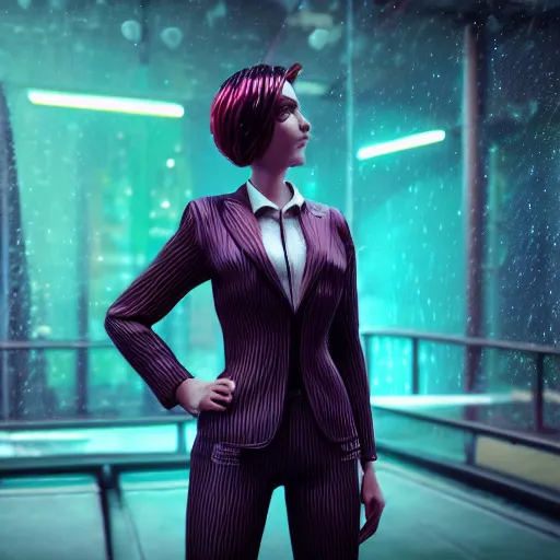 Image similar to cinematic cartoon women portrait made out of rain, pinstripe suit, short hair, cyberpunk background, rendered in octane, unreal engine, highly detailed, trending on artstation, realistic, splashes of neon, beautiful