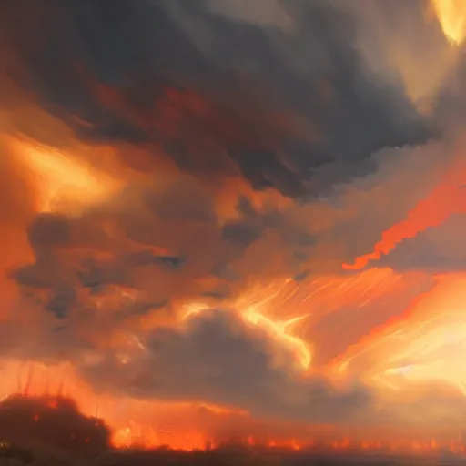 Image similar to burning clouds, thunder and fire rain, 4k, post-processing, very very detailed, artstation, cute