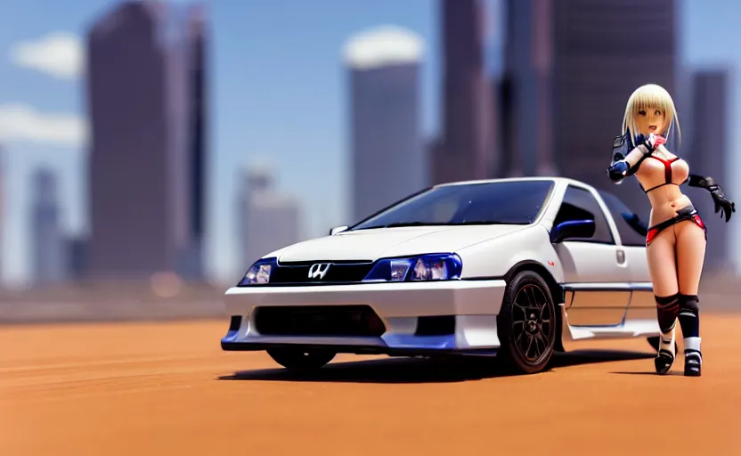 Image similar to photograph of a cell-shaded Honda EK9 Type-R with an anime girl, speeding on a desert road with a futuristic city in the horizon, kicking up dirt, action shot, one point perspective, 1-point perspective, tilt shift, sigma 85mm f/1.4, 4k, depth of field, high resolution, 4k, 8k, hd, full color