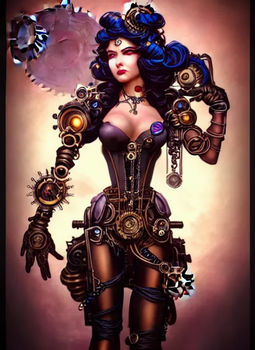 Prompt: front portrait hands behinds pose of attractive Lady Mechanika with wavy hair using white gloves, hands behind her pose!, Intricate steampunk imagery , D&D!, fantasy style, sharp focus!, ultra detailed, art by Artgerm and Peter Andrew Jones, WLUP