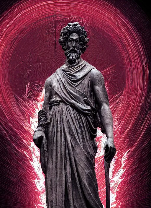 Image similar to dark design poster showing a statue of marcus aurelius, black background with very subtle red and purple design elements, powerful, nekro, vito acconci, thin straight lines, dark, glitch art, neo vaporwave, gritty, layout frame, square, trending on artstation